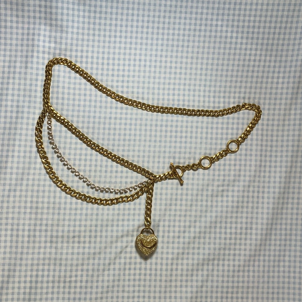 Juicy Couture gold chain belt, rhinestone puffy heart lock (nonfunctional) charm